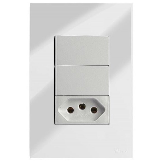 Conjunto Interruptor Duplo Simples + 1 Tomada 10a 4x2 - RECTA Espelhada Gloss (Módulo Prata) Conjunto Interruptor Duplo Simples + 1 Tomada 10a 4x2 - RECTA Espelhada Gloss (Módulo Prata)